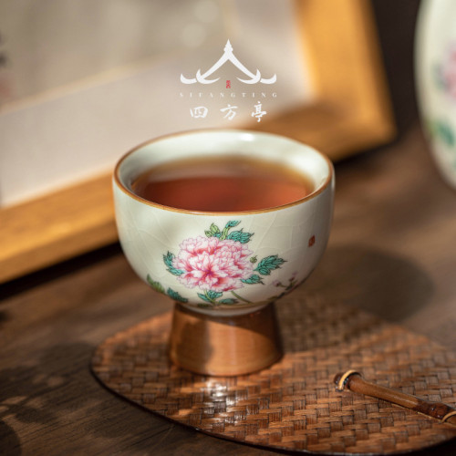 米黃高檔汝窰茶盃女士牡丹花個人專用盃子品茗盃功夫茶具主人盃