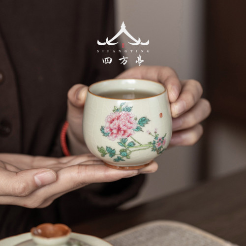 米黃高檔汝窰茶盃女士牡丹花個人專用盃子品茗盃功夫茶具主人盃