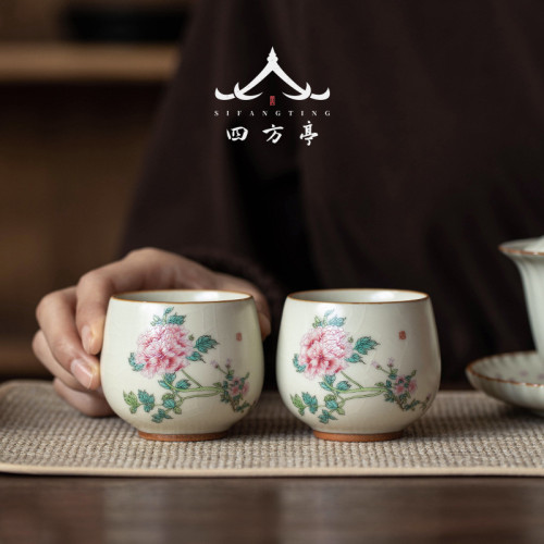 米黃高檔汝窰茶盃女士牡丹花個人專用盃子品茗盃功夫茶具主人盃