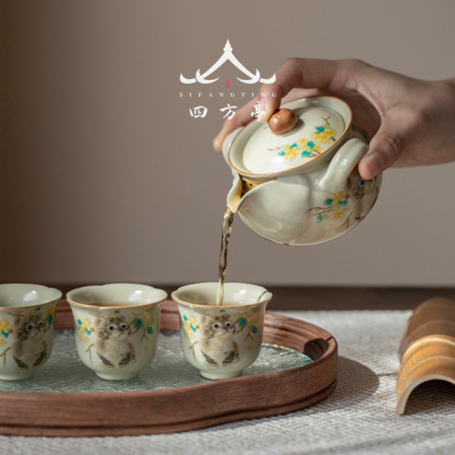 汝窰手抓壺功夫茶具套裝一人茶壺喝茶女士高顔值泡茶壺蓋碗茶盃