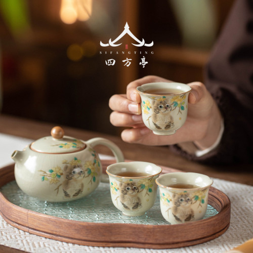 汝窰手抓壺功夫茶具套裝一人茶壺喝茶女士高顔值泡茶壺蓋碗茶盃