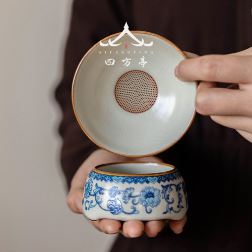 茶漏過濾青花瓷茶濾汝窰公道盃過濾網一體濾茶器高檔漏鬭中式