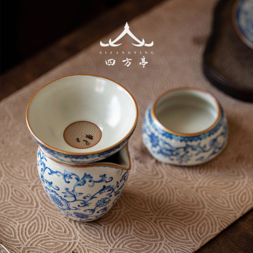 茶漏過濾青花瓷茶濾汝窰公道盃過濾網一體濾茶器高檔漏鬭中式