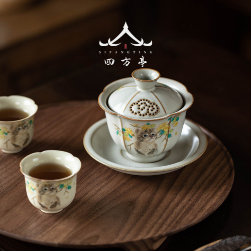 蓋碗茶盃貓咪三才茶碗汝窰功夫茶具泡茶盃家用不燙手女士單個茶碗