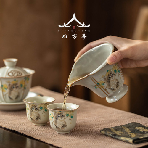 汝窰公道盃分茶器陶瓷貓咪公盃茶具功道盃高級高端網紅茶海一體