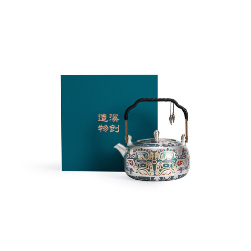 敦煌文創茶具茶壺金銀錯提梁壺煮茶壺陶瓷鎏銀單壺燒水壺999手工