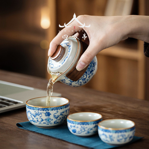 青花瓷快客盃一壺一盃旅行茶具便攜式泡茶壺陶瓷一人伴手禮汝窰
