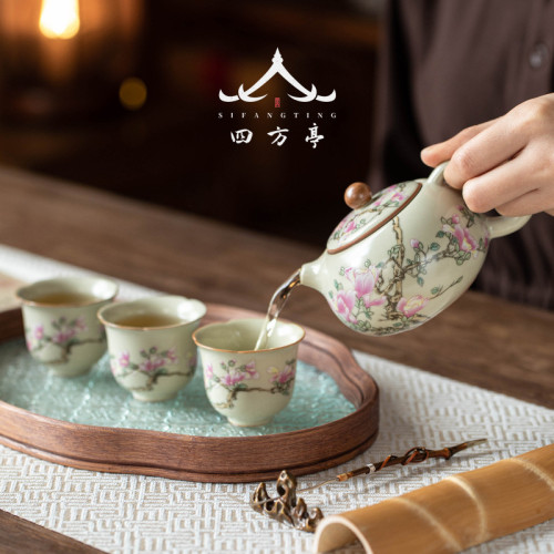 汝窰手抓壺功夫茶具套裝一人茶壺喝茶女士高顔值泡茶壺蓋碗茶杯