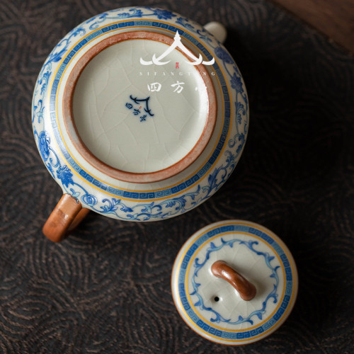 汝窰茶壺青花瓷單壺高檔茶具汝瓷井欄壺陶瓷大號泡茶壺冰裂釉新款