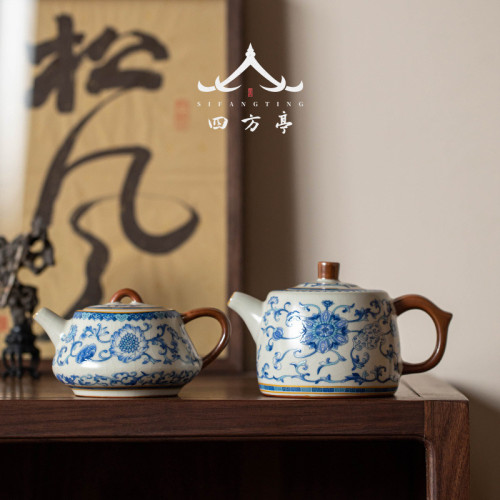 汝窰茶壺青花瓷單壺高檔茶具汝瓷井欄壺陶瓷大號泡茶壺冰裂釉新款