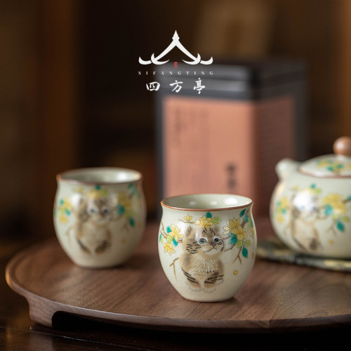 汝窰功夫茶盃貓咪盃精致茶具主人盃汝瓷個人專用盃子單個女生一人