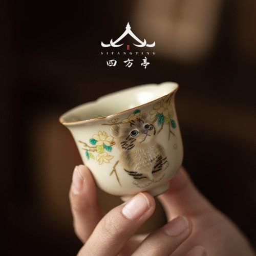 汝窰功夫茶盃貓咪盃精致茶具主人盃汝瓷個人專用盃子單個女生一人