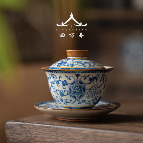 汝窰蓋碗茶具套裝青花瓷中式禮盒高檔輕奢功夫茶盃陶瓷2024新款