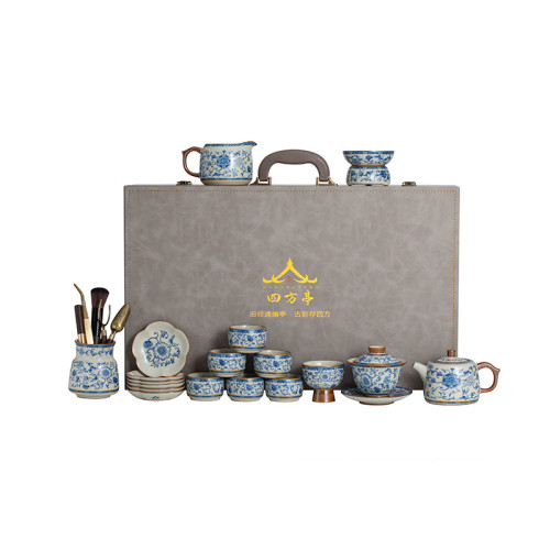 汝窰蓋碗茶具套裝青花瓷中式禮盒高檔輕奢功夫茶盃陶瓷2024新款