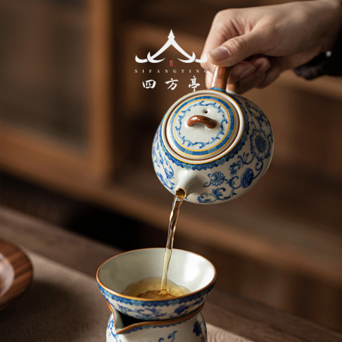 汝窰石瓢壺大號茶壺單壺高檔2024新款泡茶壺茶具青花瓷汝瓷中式