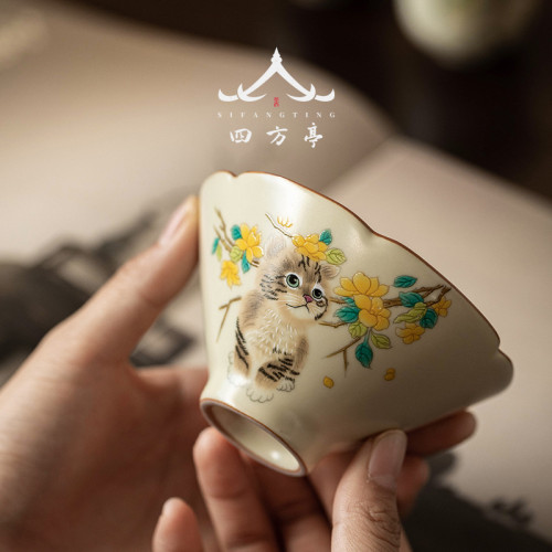 茶盃陶瓷汝窰鬭笠盃貓咪大號主人盃女士個人專用單盃高檔品茗盃