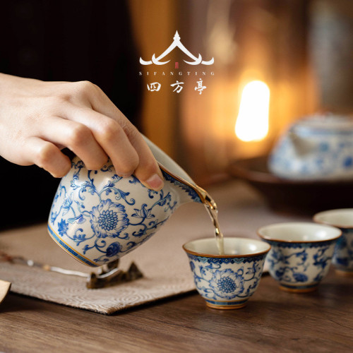 汝窰青花瓷公道盃茶漏一體茶海勻盃陶瓷大號分茶器茶具高檔三件套