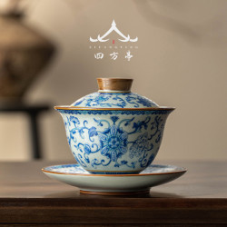 汝窰蓋碗青花瓷三才茶碗中式茶盃茶具單個高檔不燙手2024新款陶瓷