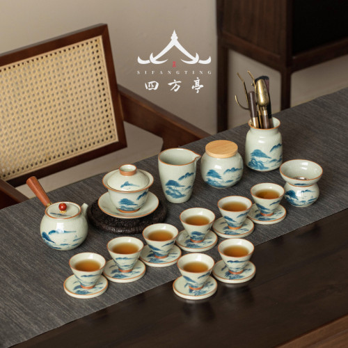 手繪功夫茶具套裝2024新款高檔輕奢中式蓋碗哥窰茶盃家用茶壺禮盒
