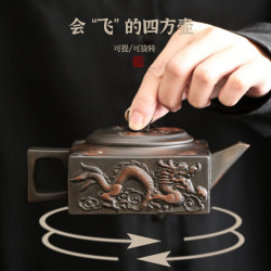 可倒掛旋轉雲南名家紫陶純手工滿雕鳳鳴壺四方龍尊大容量茶壺茶具