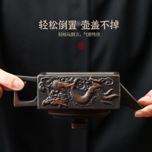 可倒掛旋轉雲南名家紫陶純手工滿雕鳳鳴壺四方龍尊大容量茶壺茶具