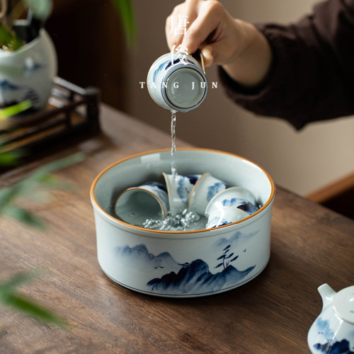 手繪茶洗茶缸茶盂建水茶渣缸茶具盆水洗茶海青花瓷釉下彩大號陶瓷