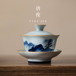 手繪蓋碗茶盃釉下彩青花瓷茶具單個高檔中式泡茶陶瓷三才茶碗帶蓋