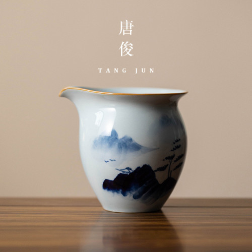 手繪公道盃茶漏一體過濾網青花瓷茶具茶濾釉下彩分茶器陶瓷三件套