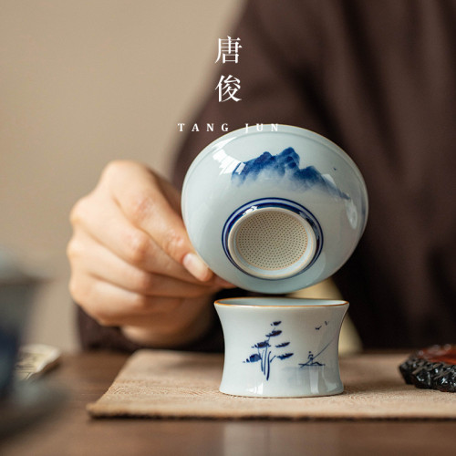 手繪公道盃茶漏一體過濾網青花瓷茶具茶濾釉下彩分茶器陶瓷三件套