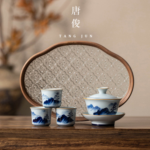 一壺二盃茶具套裝手繪釉下彩小型茶磐小套家用泡茶壺新款簡約乾泡