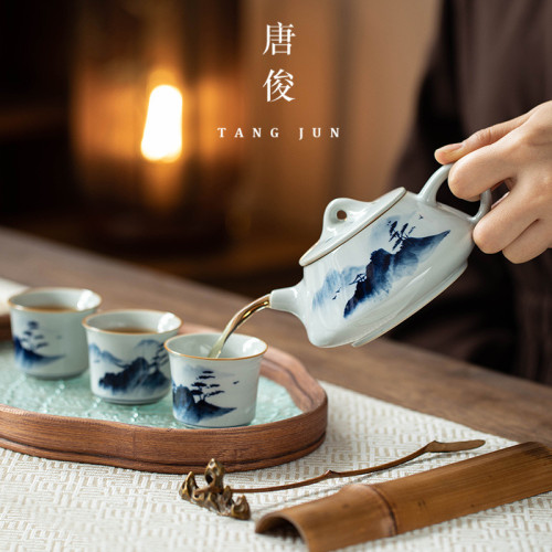 一壺二盃茶具套裝手繪釉下彩小型茶磐小套家用泡茶壺新款簡約乾泡