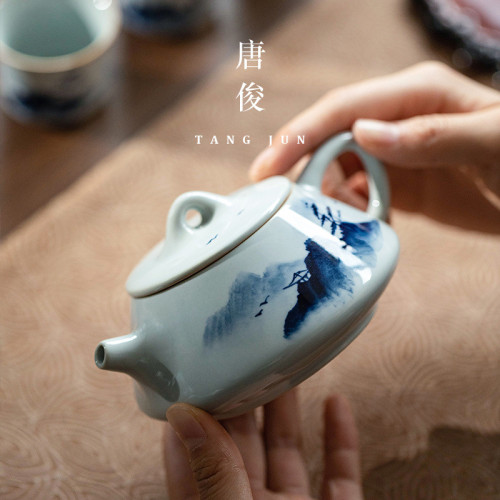 茶壺泡茶家用陶瓷單壺大號石瓢壺青花瓷手繪釉下彩功夫茶具手工