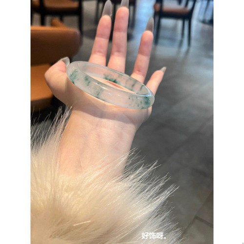 小紅書同款高冰翡翠手鐲女冰種飄花藍花正圈平安鐲子翡翠玉石送禮