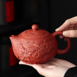 硃泥鳳鳴壺滿工雕祥龍紫砂壺功夫茶具宜興中式泡茶壺浮雕壺西施壺