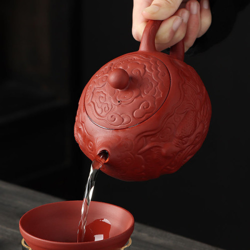硃泥鳳鳴壺滿工雕祥龍紫砂壺功夫茶具宜興中式泡茶壺浮雕壺西施壺