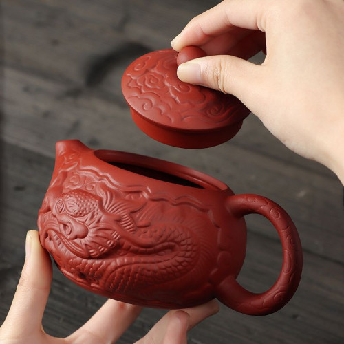 硃泥鳳鳴壺滿工雕祥龍紫砂壺功夫茶具宜興中式泡茶壺浮雕壺西施壺