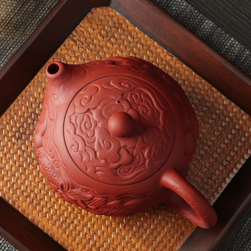 硃泥鳳鳴壺滿工雕祥龍紫砂壺功夫茶具宜興中式泡茶壺浮雕壺西施壺