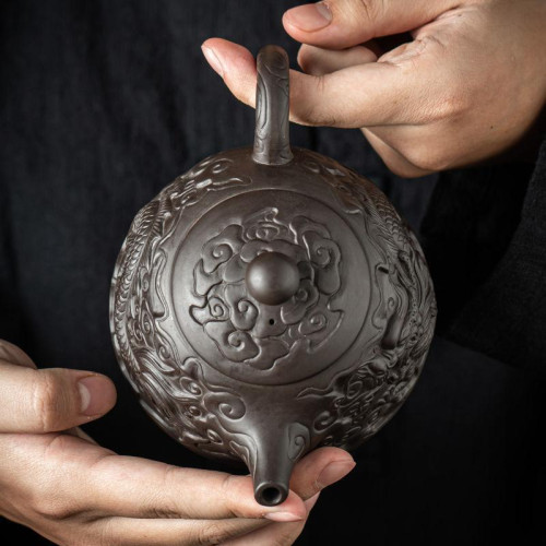 紫砂原鑛鳳鳴壺高檔半手工漢瓦壺浮雕茶壺泡茶壺浮雕西施壺泡茶壺