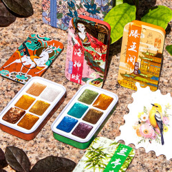6色古風珠光水彩顔料批髮學生美術復古菸霞書法手工便攜固體金粉