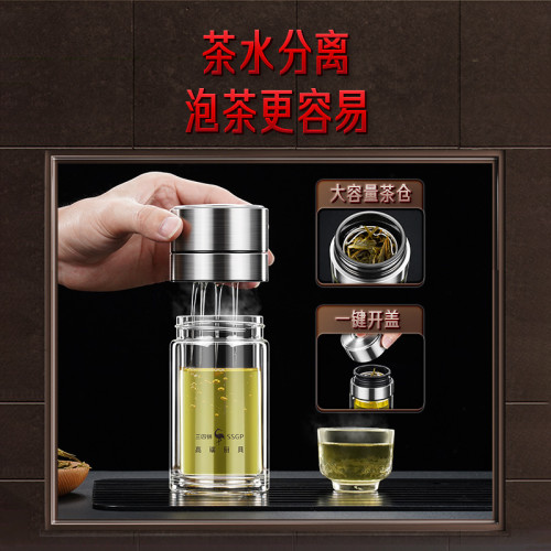 SSGP 保溫盃一鍵開蓋車載迷你水盃茶水分離玻璃盃子男士泡茶盃