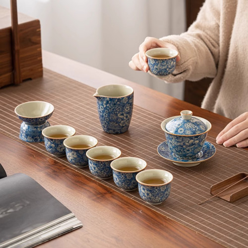 手工老陶泥倣古青花瓷功夫茶具套裝家用輕奢高檔泡茶壺中式蓋碗批