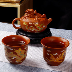 手工硃泥滿工雕鳳鳴壺龍鳳變色紫砂壺泡茶壺漢瓦壺功夫茶具代批髮