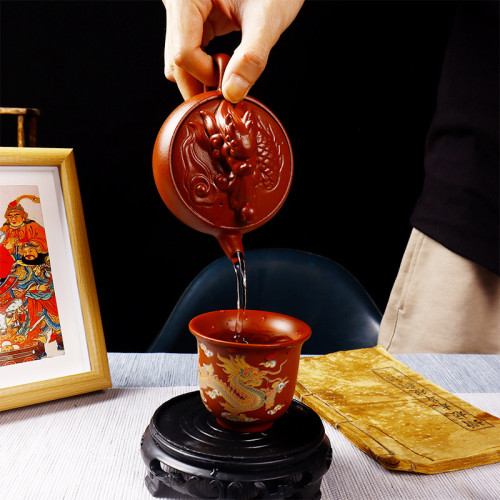 手工硃泥滿工雕鳳鳴壺龍鳳變色紫砂壺泡茶壺漢瓦壺功夫茶具代批髮
