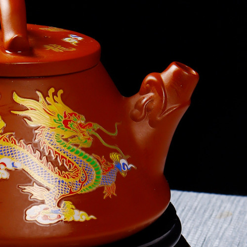 手工硃泥滿工雕鳳鳴壺龍鳳變色紫砂壺泡茶壺漢瓦壺功夫茶具代批髮