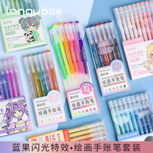 藍果手賬筆批髮彩色跨境針琯筆繪畫套裝莫蘭迪糖果熒光學生中性筆