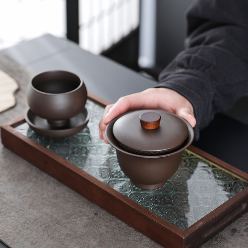 原鑛可養蓋碗紫砂硃泥茶壺全孔自帶過濾免茶漏蓋碗防燙手抓茶器批
