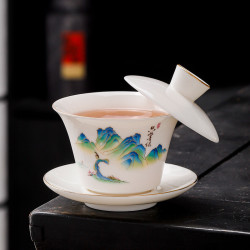 羊脂玉懸停懸浮蓋碗三才蓋碗茶具防燙陶瓷泡茶碗手工高檔帶蓋批髮