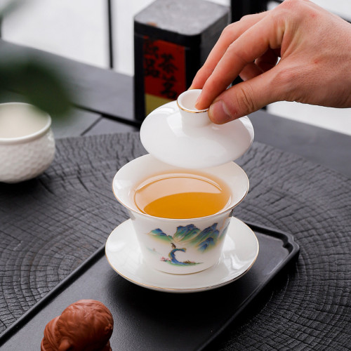 羊脂玉懸停懸浮蓋碗三才蓋碗茶具防燙陶瓷泡茶碗手工高檔帶蓋批髮