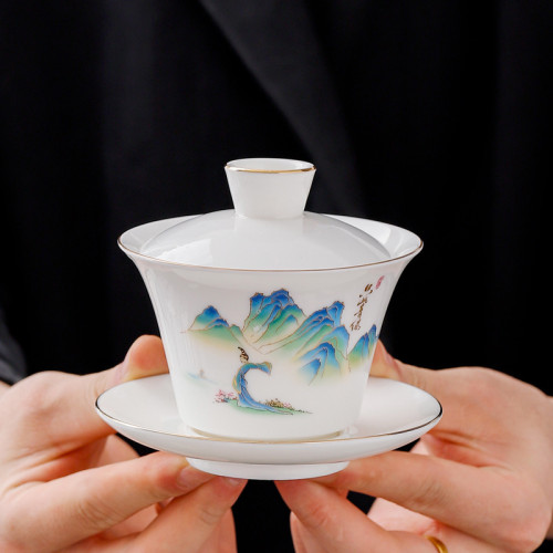 羊脂玉懸停懸浮蓋碗三才蓋碗茶具防燙陶瓷泡茶碗手工高檔帶蓋批髮