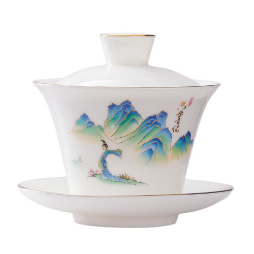 羊脂玉懸停懸浮蓋碗三才蓋碗茶具防燙陶瓷泡茶碗手工高檔帶蓋批髮